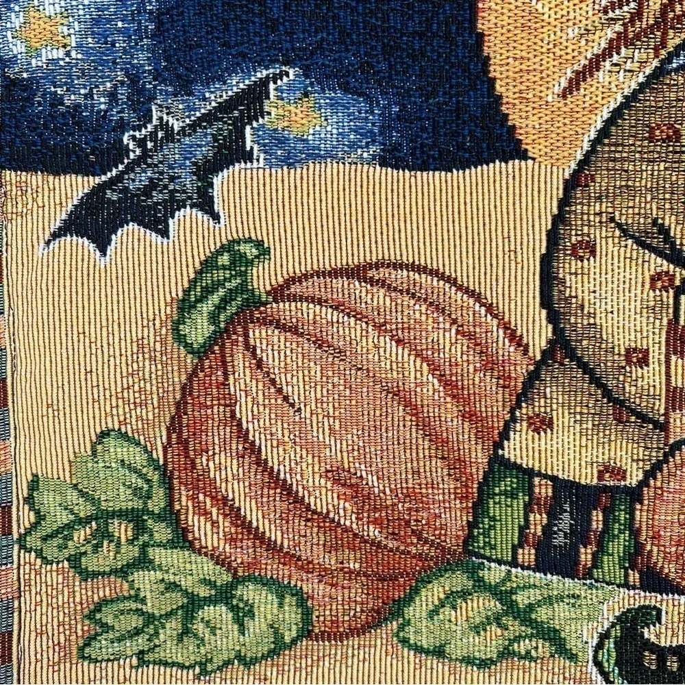 Vintage Halloween Scarecrow Cat Tapestry Placemat Set Pumpkins Cats Bats Stars